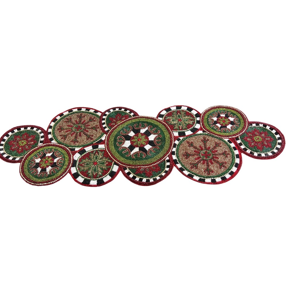 Mackenzie-Childs Beaded Medallion Table Runner Red Green Holiday Christmas Decor